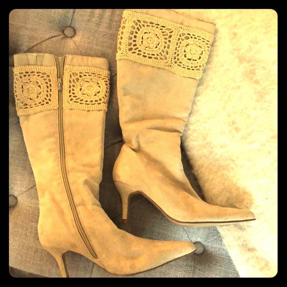 Cream tall boots with crocheted top